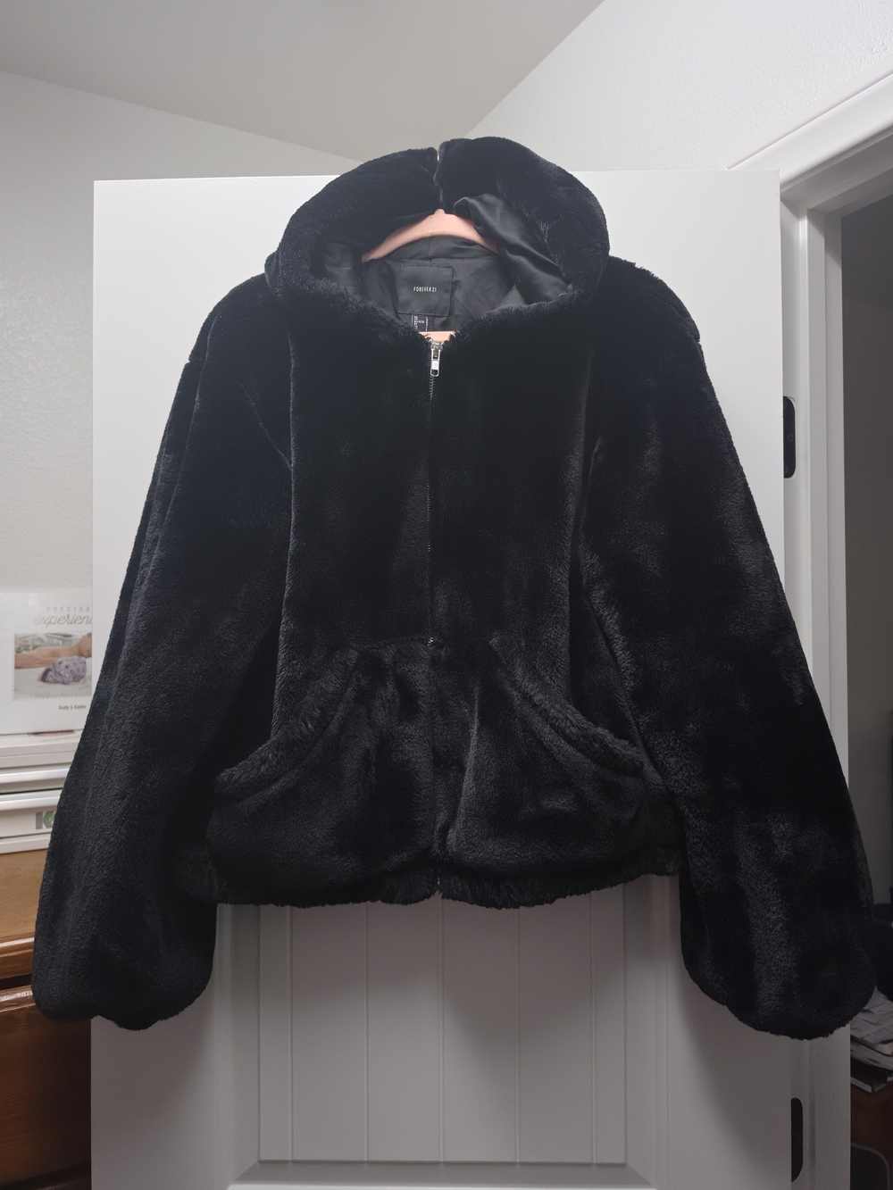 Forever 21 Black Faux Fur Hooded Teddy Jacket